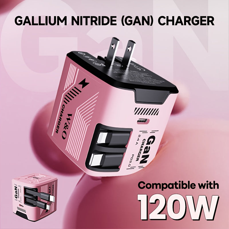 Cargador rápido portátil GaN de 120 W - Cable retráctil doble tipo C + Lightning de 120 cm, puerto de salida tipo C, enchufe plegable, duradero y antienredos - Compatible con iPhone 16/15/14/Plus/Pro Max, S25/S24 - Ideal p