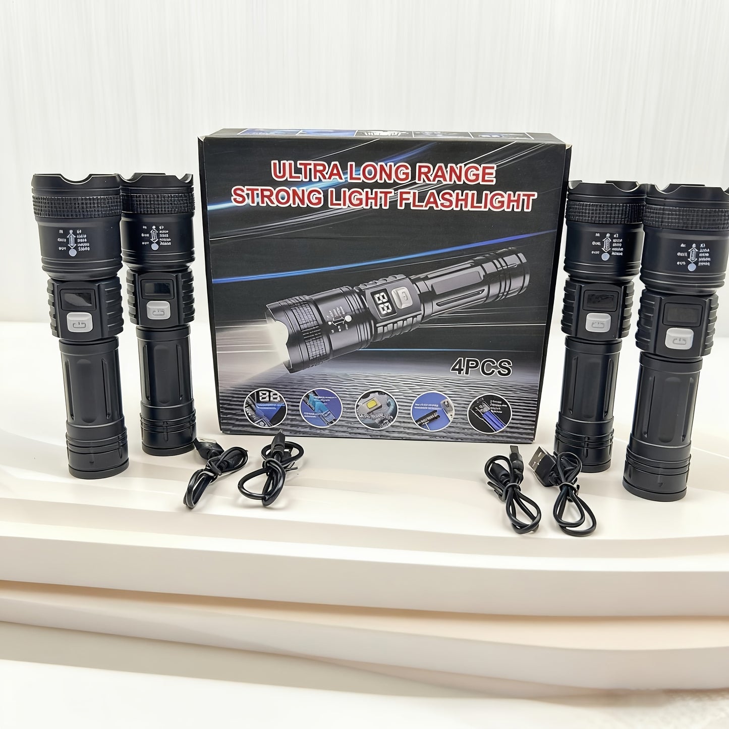 4 linternas LED recargables de alta potencia con foco con zoom y cable USB. Superbrillantes, de largo alcance, luz de trabajo táctica para camping, senderismo, emergencias y viajes. Equipo de senderismo. Linterna robusta. Li