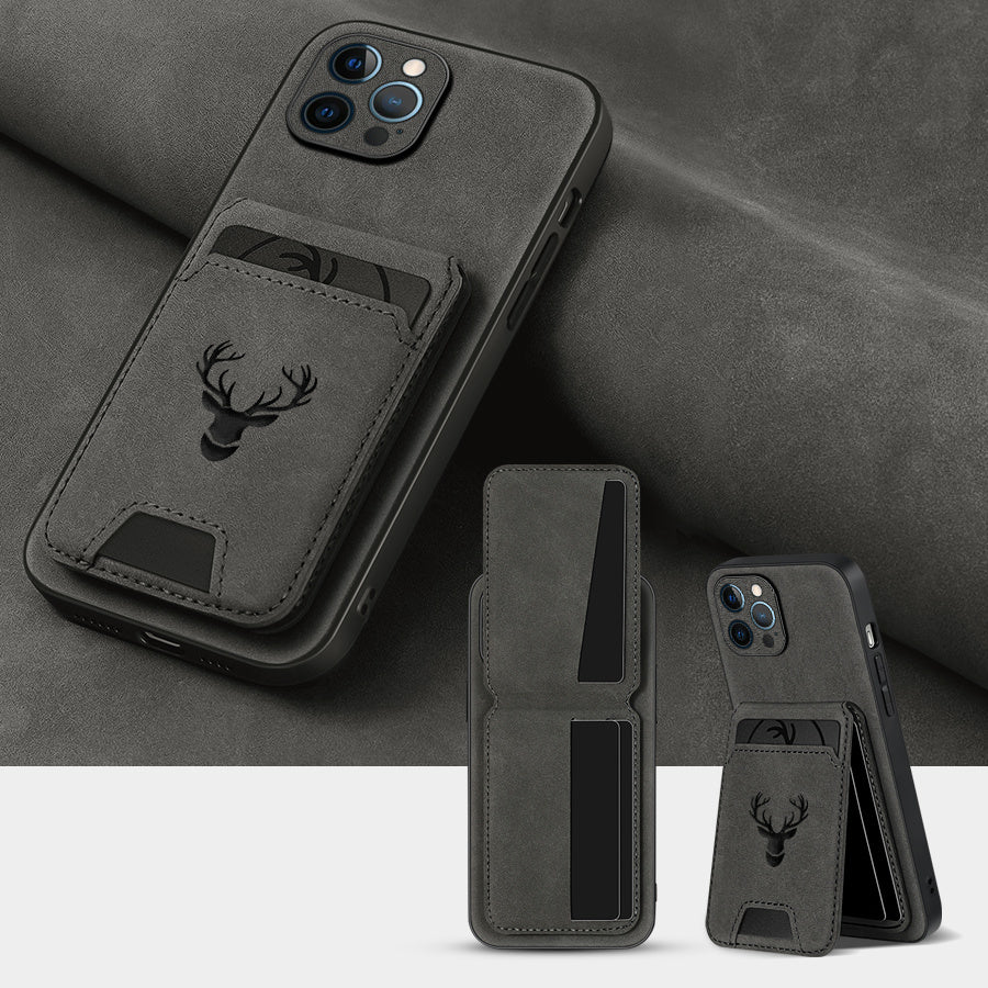 Funda tipo cartera compatible con iPhone 16E/16promax/15plus/14pro/13promax/12/11, piel sintética de lujo, tarjetero y soporte, diseño de alce.