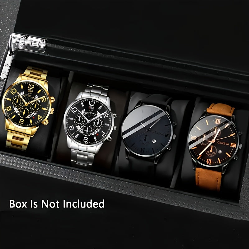 [Conjunto de relojes con estilo] Juego de 4 relojes de cuarzo de moda para hombre: esfera redonda, correas de acero inoxidable y piel sintética, opciones en negro y marrón, ideal para cumpleaños, Eid, Navidad, San Valentí