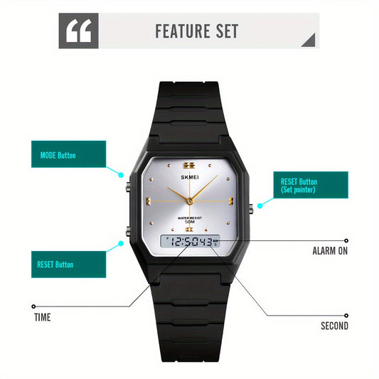 Reloj deportivo SKMEI para hombre con doble pantalla y detalles en negro y dorado - 50 m, correa de TPU, movimiento de cuarzo para actividades al aire libre, ropa informal y deportes | Diseño elegante | Reloj resistente