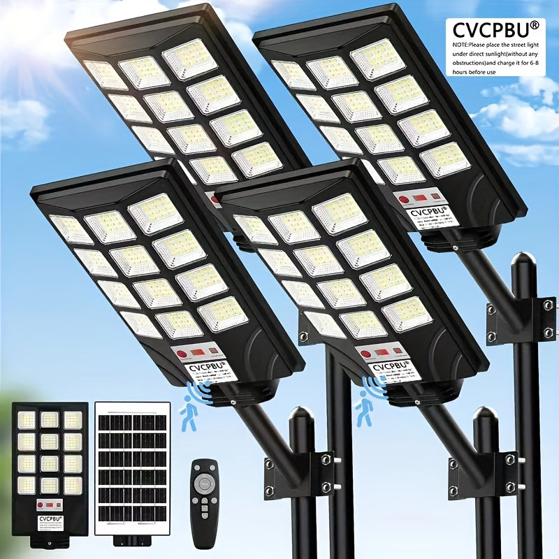 Farola solar para exteriores (paquete de 4 o 2 unidades), 400 LED, sensor impermeable de 6500 K, luz solar con control remoto, iluminación nocturna para estacionamientos comerciales, atenuación gradual.