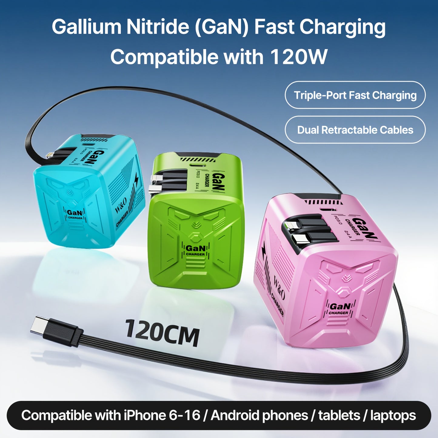 Cargador rápido portátil GaN de 120 W - Cable retráctil doble tipo C + Lightning de 120 cm, puerto de salida tipo C, enchufe plegable, duradero y antienredos - Compatible con iPhone 16/15/14/Plus/Pro Max, S25/S24 - Ideal p